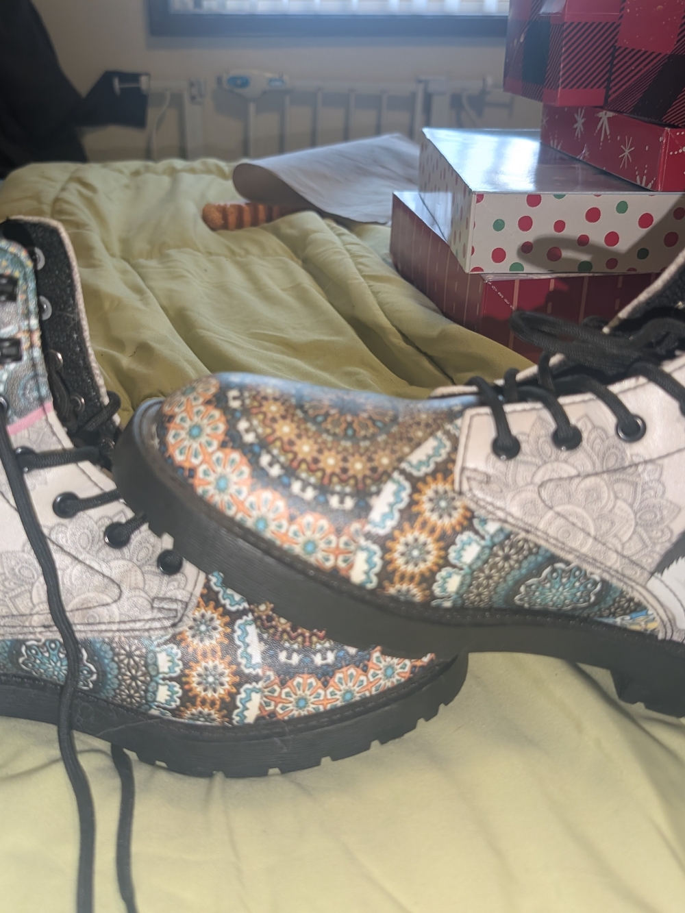 Patterned Combat Boots with Teal & Rust Paisley Print